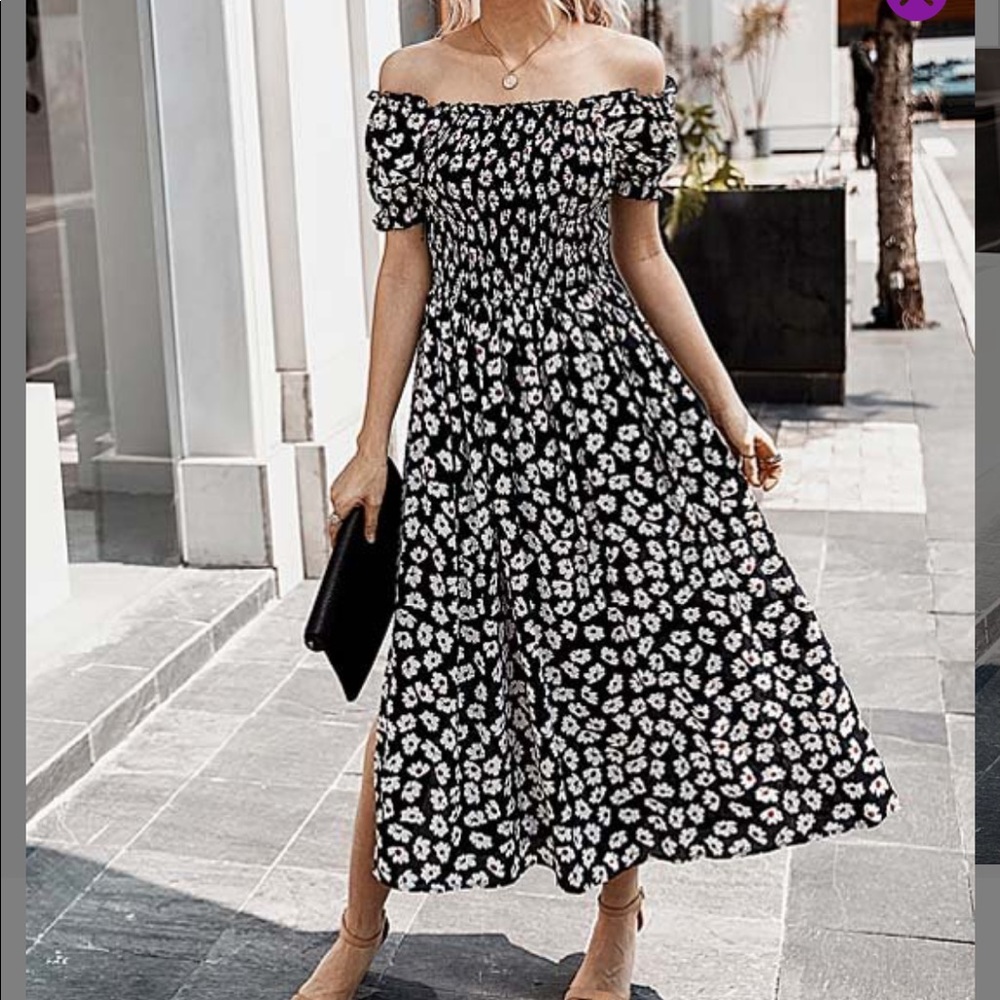 Navy & White Off-Shoulder Dress